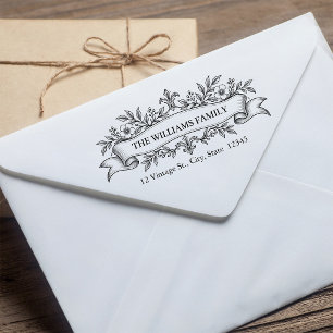 Vintage French Floral Ribbon Return Address Self-inking Stamp
