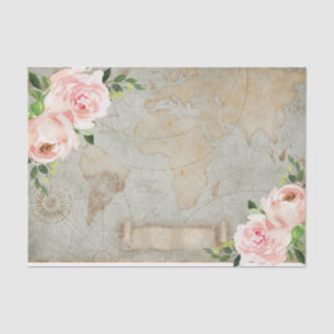 Vintage French Floral Rose Old World Map Decoupage Tissue Paper
