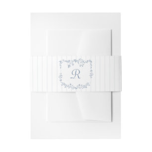 Vintage French Floral Stripes Dusty Blue Wedding Invitation Belly Band