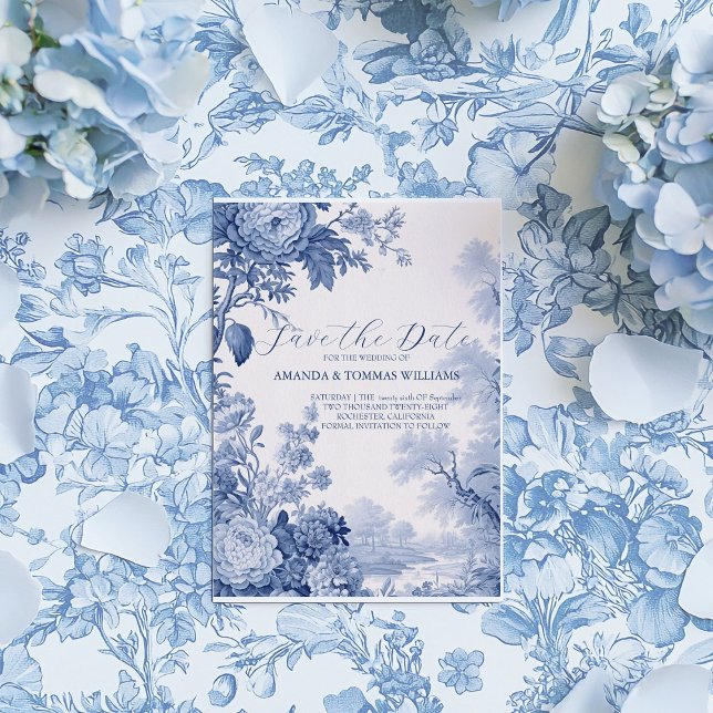 Vintage French Floral Toile Blue Announcement Postcard (Creator Uploaded)