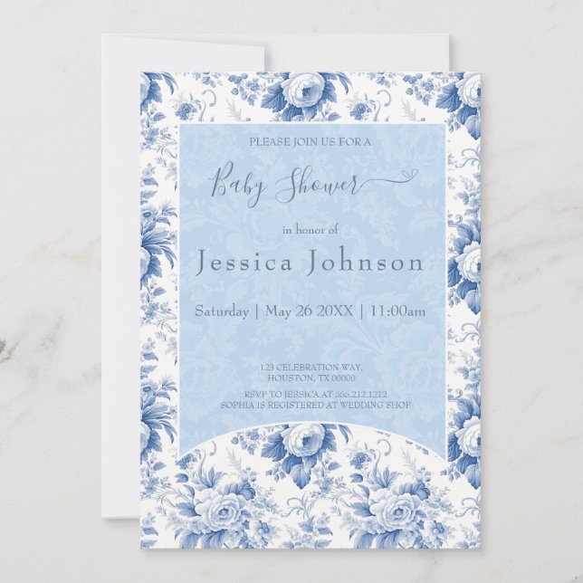 Vintage French Floral Toile Blue Baby Shower Invitation (Front)