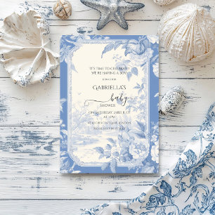 Vintage French Floral Toile Blue Baby Shower Invitation
