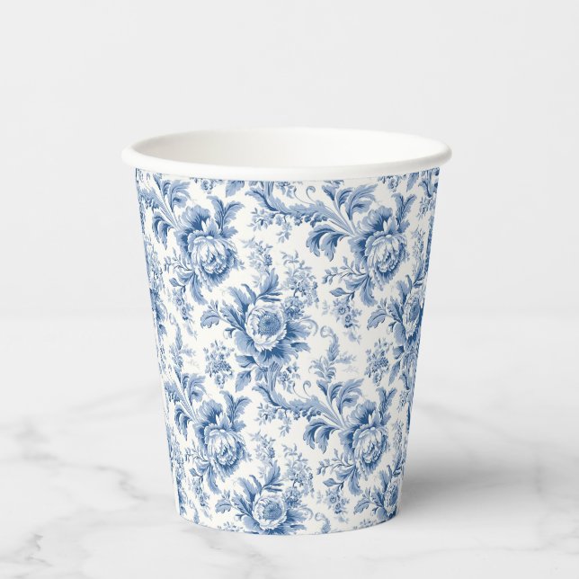 Vintage French Floral Toile Blue Paper Cups (Front)