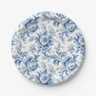 Vintage French Floral Toile Blue Paper Plates