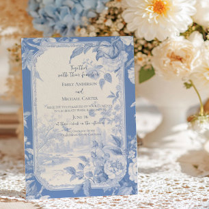 Vintage French Floral Toile Blue Wedding Invitation