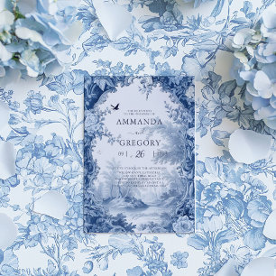Vintage French Floral Toile Blue Wedding Invitation