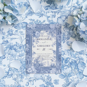 Vintage French Floral Toile Blue Wedding  Invitation