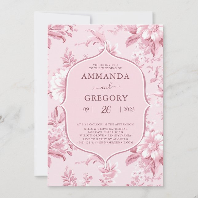 Vintage French Floral Toile Pink Wedding  Invitation (Front)