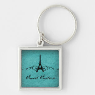 Vintage French Flourish Sweet 16 Keychain, Teal Key Ring