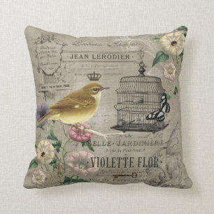 Vintage French garden bird pillow