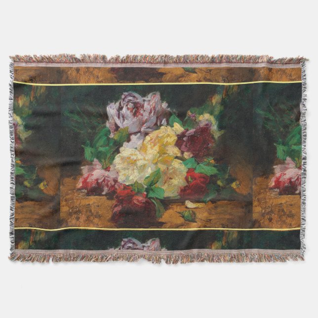 Vintage French Georges Jeannin Roses Throw Blanket (Front)