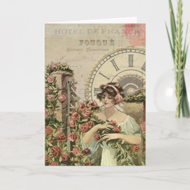 Vintage French Girl Roses Greeting Card (Front)