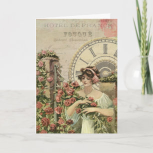 Vintage French Girl Roses Greeting Card