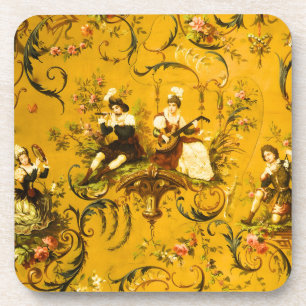 Vintage French Gold Yellow Toile Victorian Floral Coaster