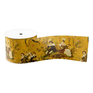 Vintage French Gold Yellow Toile Victorian Floral Grosgrain Ribbon
