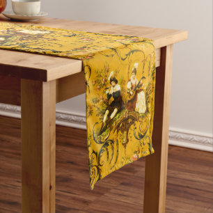 Vintage French Gold Yellow Toile Victorian Floral Long Table Runner