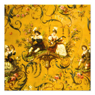 Vintage French Gold Yellow Toile Victorian Floral Photo Print