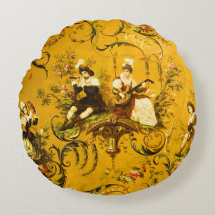 Vintage French Gold Yellow Toile Victorian Floral Round Cushion