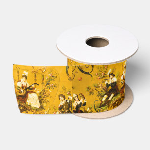 Vintage French Gold Yellow Toile Victorian Floral Satin Ribbon