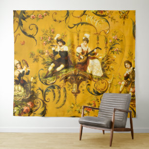 Vintage French Gold Yellow Toile Victorian Floral Tapestry