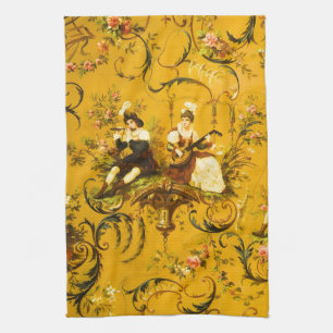 Vintage French Gold Yellow Toile Victorian Floral Tea Towel