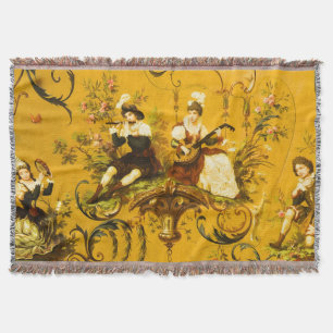 Vintage French Gold Yellow Toile Victorian Floral Throw Blanket