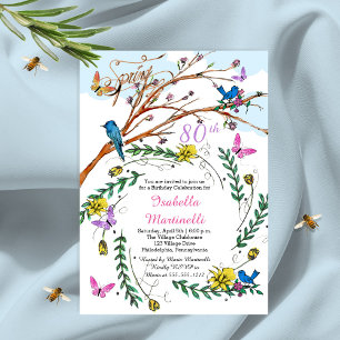 Vintage French Handdrawn Florals 80th Birthday Invitation
