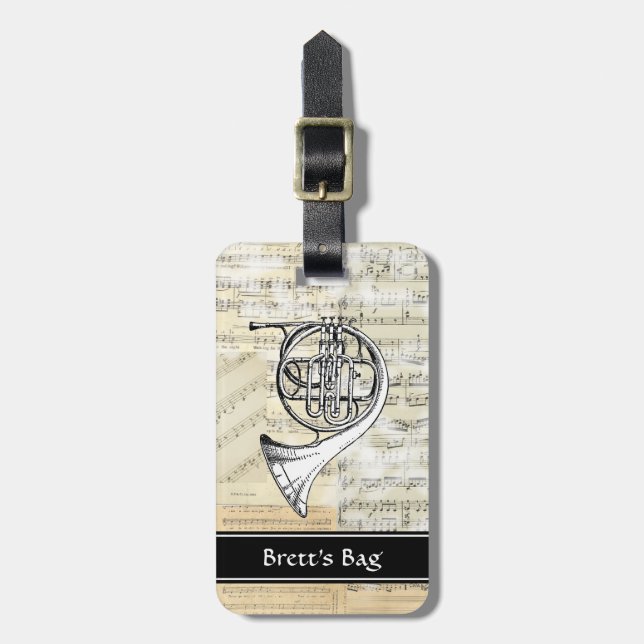 Vintage French Horn Music Luggage Tag (Front Vertical)