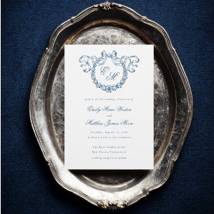 Vintage French Monogram Wreath Blue Wedding Invitation
