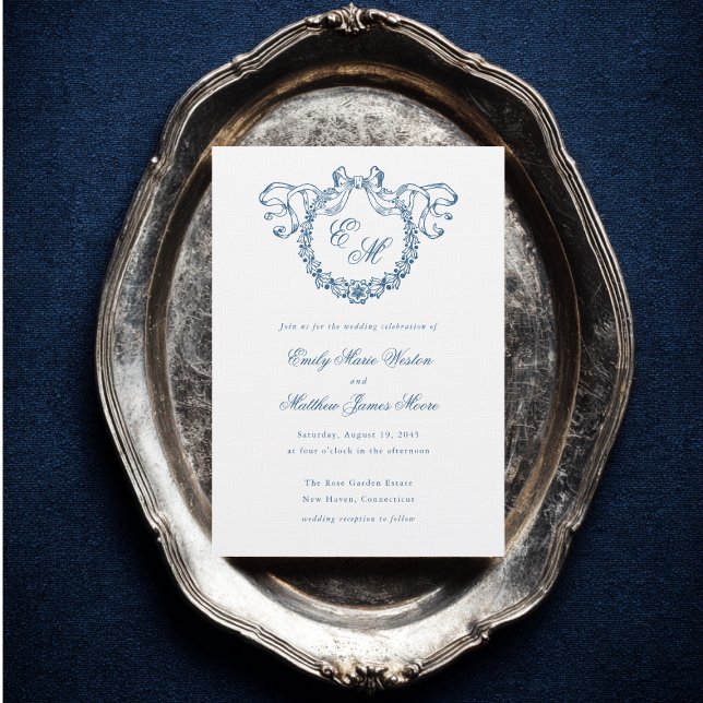 Vintage French Monogram Wreath Blue Wedding Invitation (Creator Uploaded)