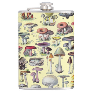 Vintage French Mushroom Cottagecore Botanical Art Hip Flask