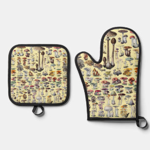 Vintage French Mushroom Cottagecore Botanical Art Oven Mitt & Pot Holder Set