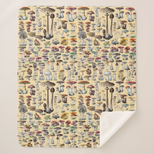 Vintage French Mushroom Cottagecore Botanical Art Sherpa Blanket