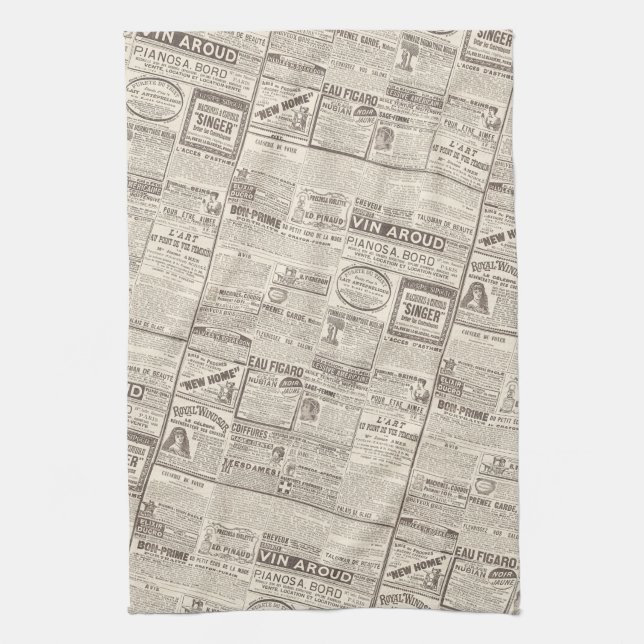 Vintage French Newspaper Advertisements Pattern Tea Towel (Vertical)
