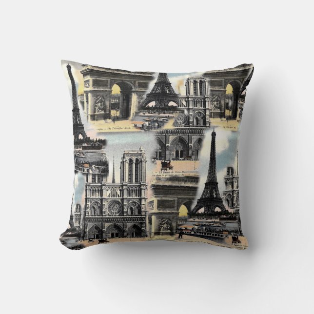 Vintage French Paris Travel Collage Eiffel Tower Cushion (Front)