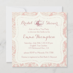 Vintage French Pink+Cream Damask Bridal Tea Party Invitation