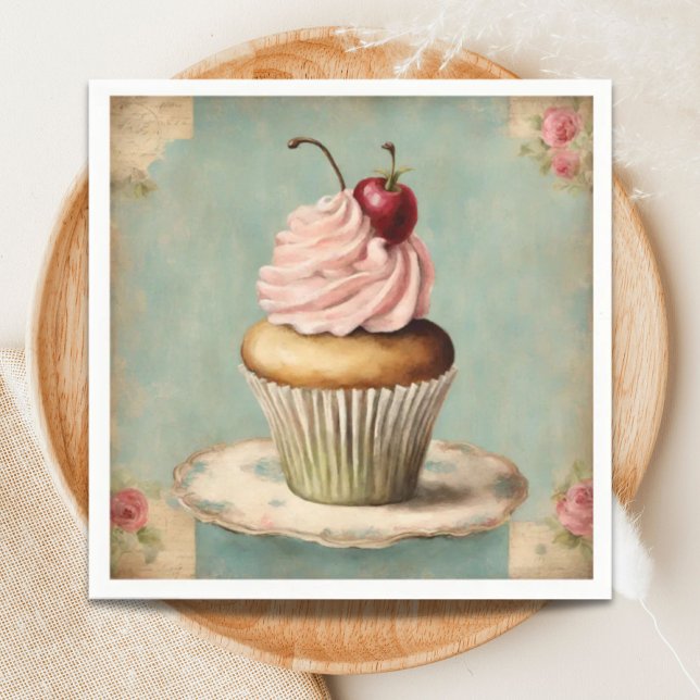 Vintage French Pink Cupcake Birthday Tea Party Napkin (Vintage French Pink Cupcake Birthday Tea Party Napkins)