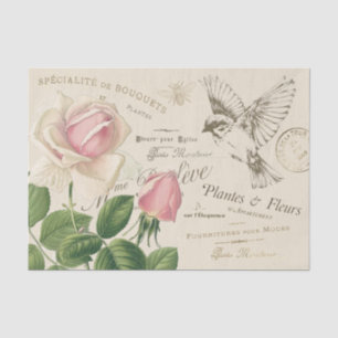 Vintage French Pink Rose Bird Bee Collage Tissue Paper