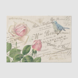Vintage French Pink Rose Blue Bird Bee Collage Tissue Paper