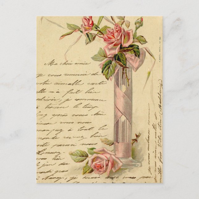 Vintage French Pink Roses Postcard (Front)