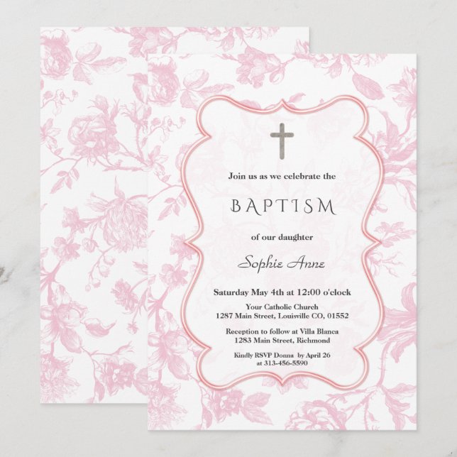 Vintage French Pink Toile Flowers Girl Baptism Invitation (Front/Back)