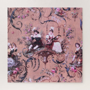 Vintage French Pink Toile Victorian Style Floral Jigsaw Puzzle