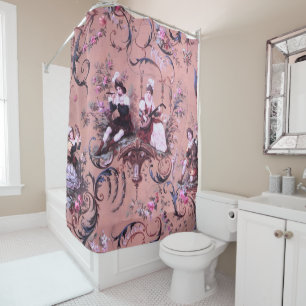 Vintage French Pink Toile Victorian Style Floral Shower Curtain