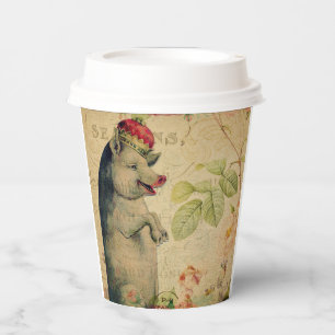 Vintage French Postcard Pig With Crown Floral Paper Cups