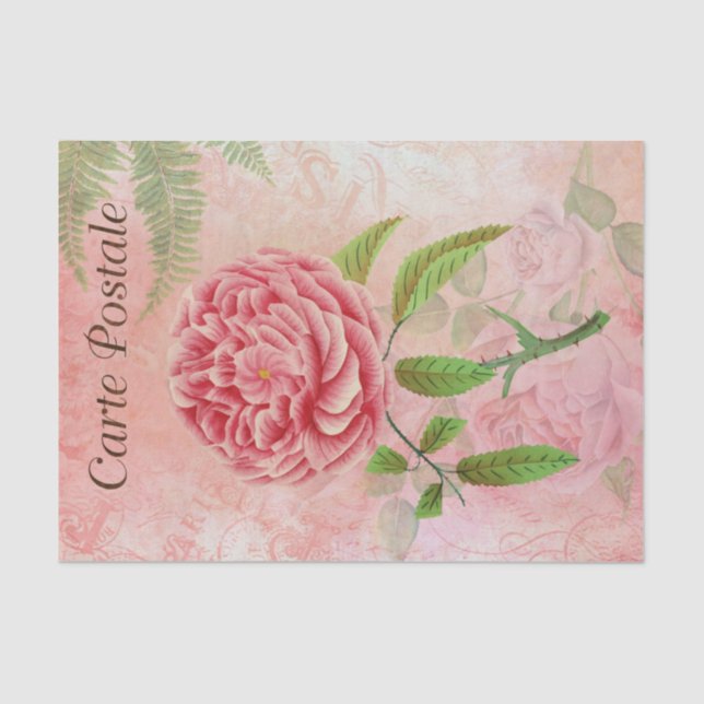 Vintage French Postcard Pink Flower Decoupage Tissue Paper (Front)