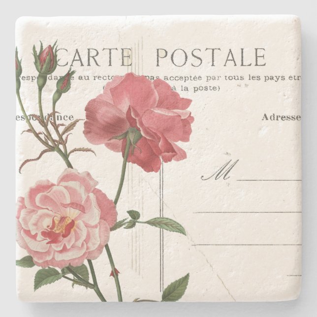 Vintage French Postcard Pink Rose Stone Coaster (Front)