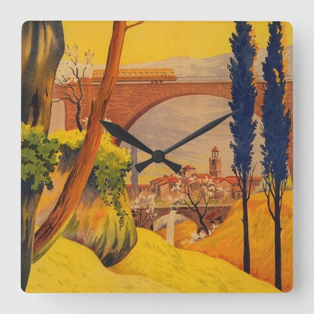 Vintage French Railroad Travel Square Wallclock (Front)