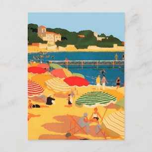 Vintage French Riviera Beach Illustration Holiday Postcard