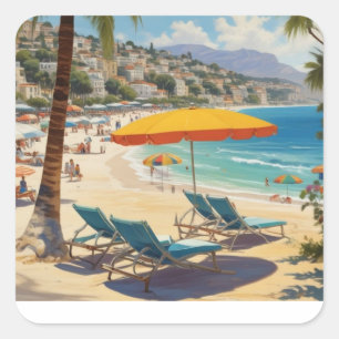 Vintage French Riviera Beach Square Sticker