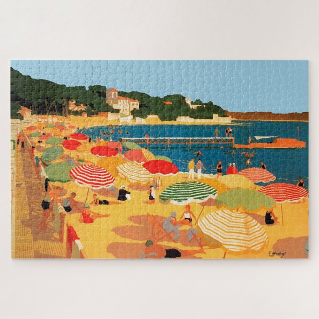 Vintage French Riviera Beach Travel Illustration Jigsaw Puzzle (Horizontal)
